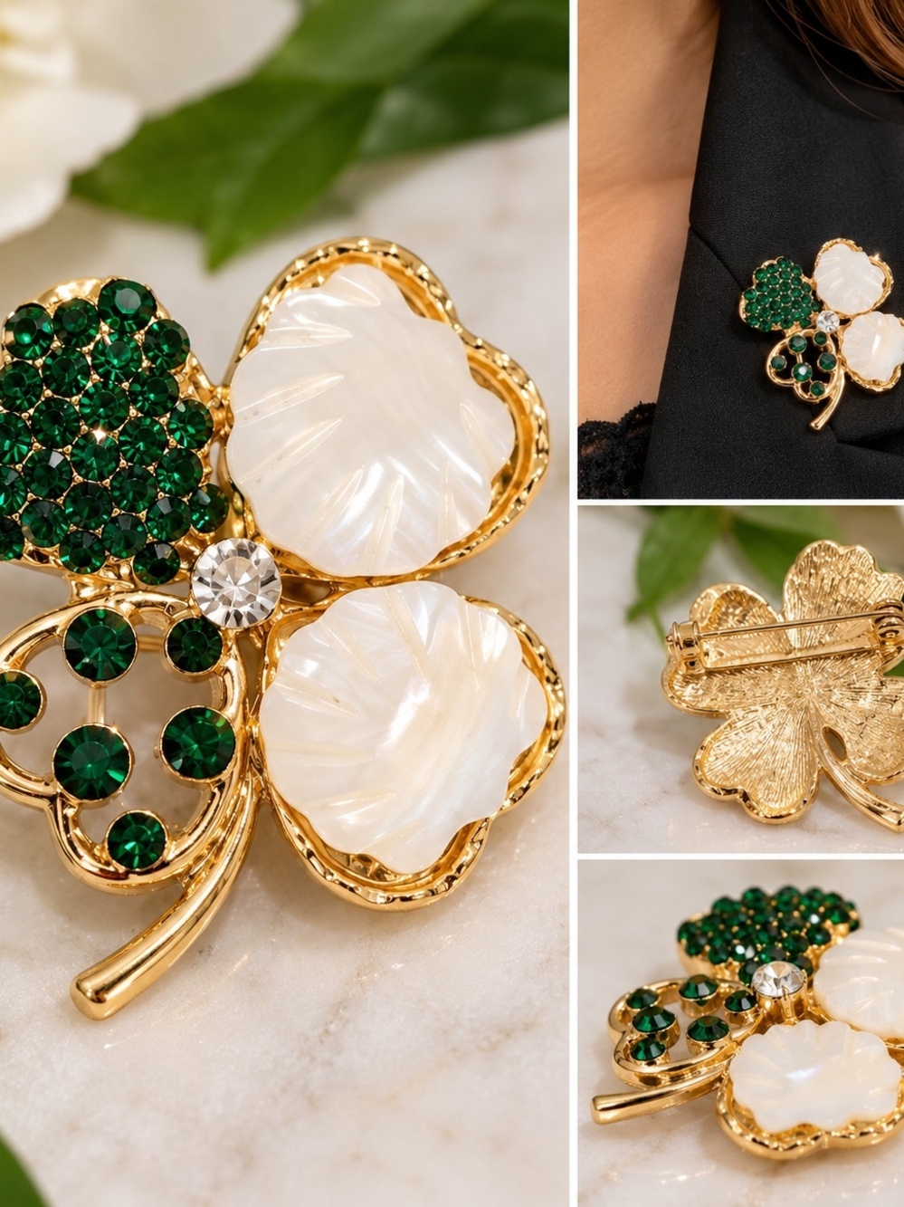 Gold-Tone Clover Brooch with Emerald Green Crystals and White Shell Petals